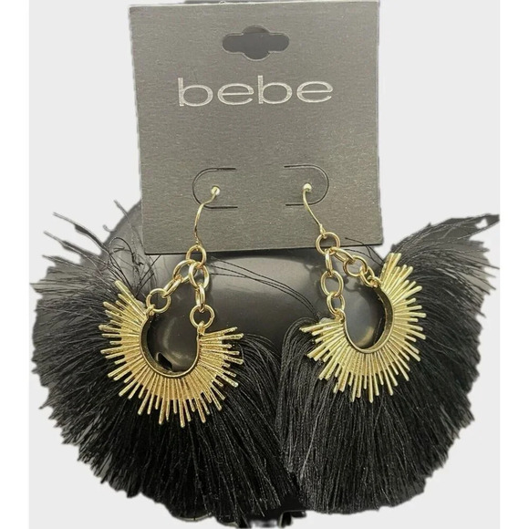 Bebe Large Black Fringe Fan Gold-Tone Sunburst Accent Drop Shepard Hook Earrings - Picture 2 of 2